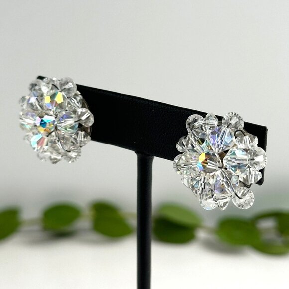 Vintage Aurora Borealis Crystal Cluster Clip-On Earrings 1950s 1" Diameter - Picture 6 of 7
